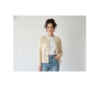 Vtg 60s Evan Picone Beaded Mohair Cardigan Pearl Floral Lined XS Petite